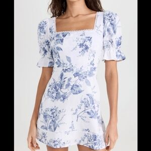 Reformation Evianna Blue and White Floral Mini Linen Dress Size 10
